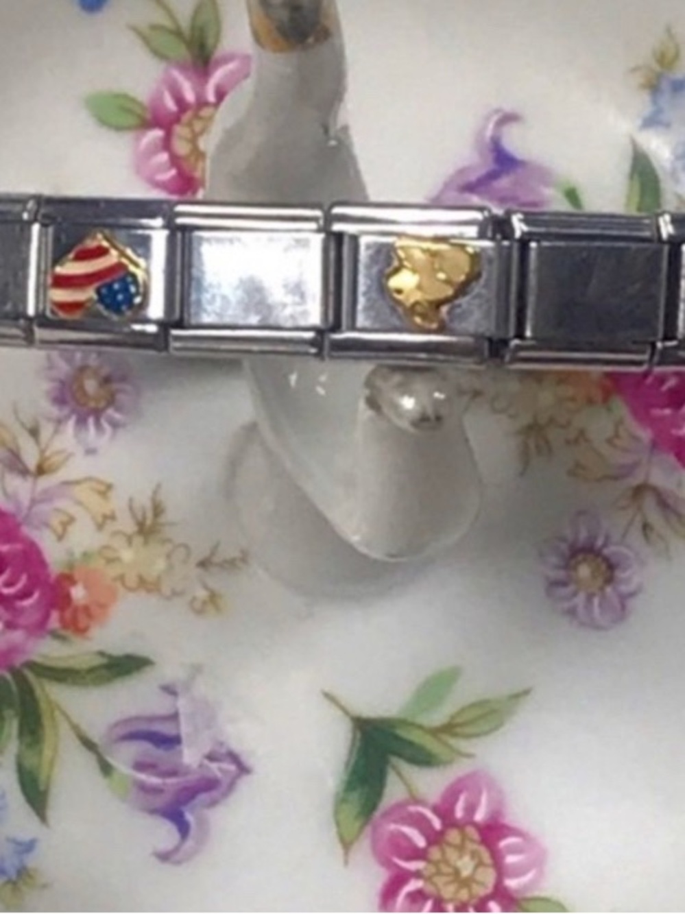Stainless Steel Italian Charm Bracelet with Enamel Heart and Gold Accents
